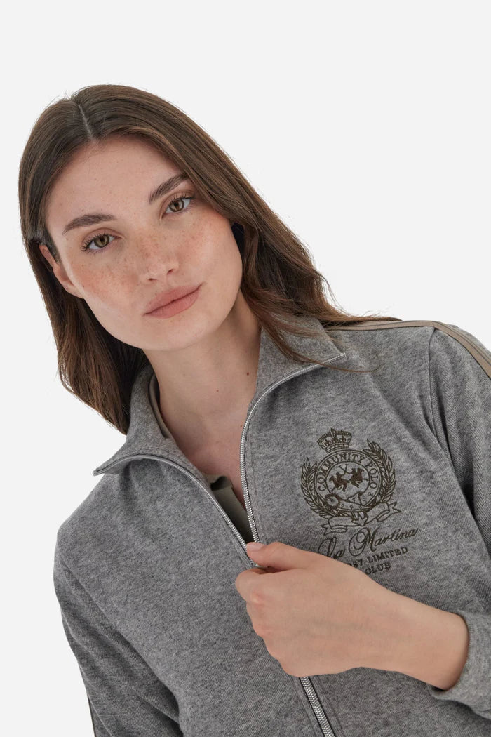 La Martina Women’s Full-zip Sweatshirt in Interlock with Striped Bands | Grey