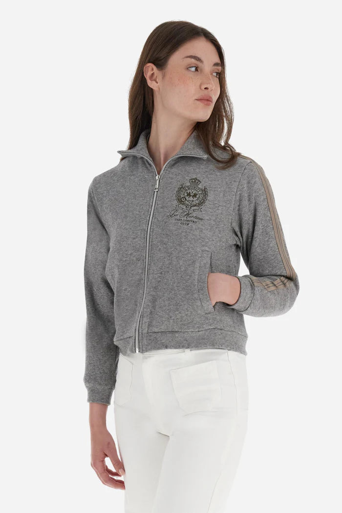 La Martina Women’s Full-zip Sweatshirt in Interlock with Striped Bands | Grey