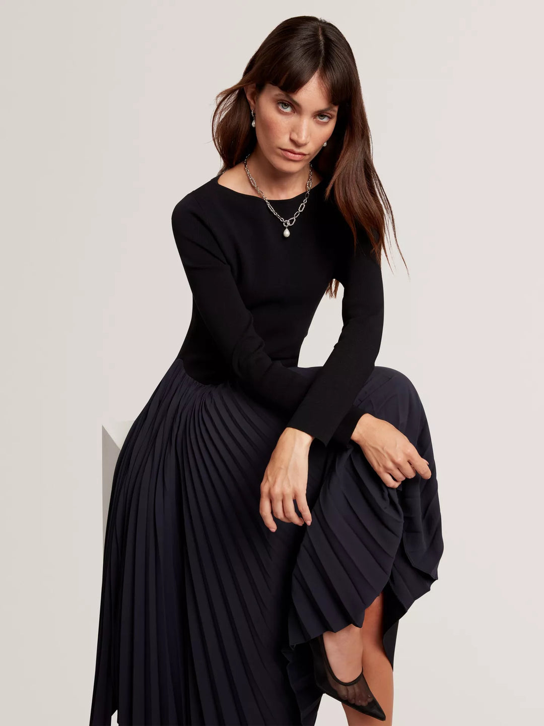 Ted Baker Belviee Long Sleeve A-Line Pleated Midi Dress | Navy