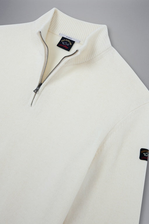 Paul & Shark Re-Wool Half Zip Shetland Sweater with Badge | Cream