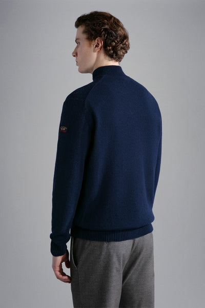 Paul & Shark Re-Wool Half Zip Shetland Sweater with Badge | Navy