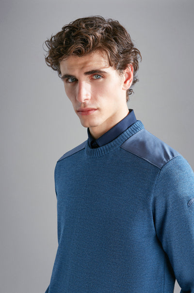 Paul & Shark Wool Crewneck Pullover with Typhoon Fabric and Moon Badge | Blue