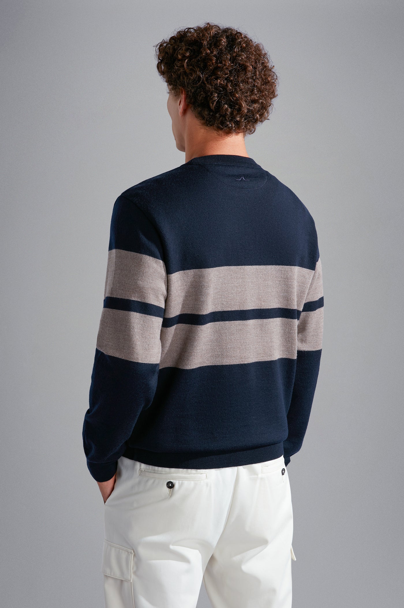 Paul & Shark Wool Crewneck Pullover with Save the Sea Fabric | Navy/Beige