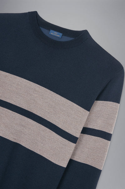 Paul & Shark Wool Crewneck Pullover with Save the Sea Fabric | Navy/Beige