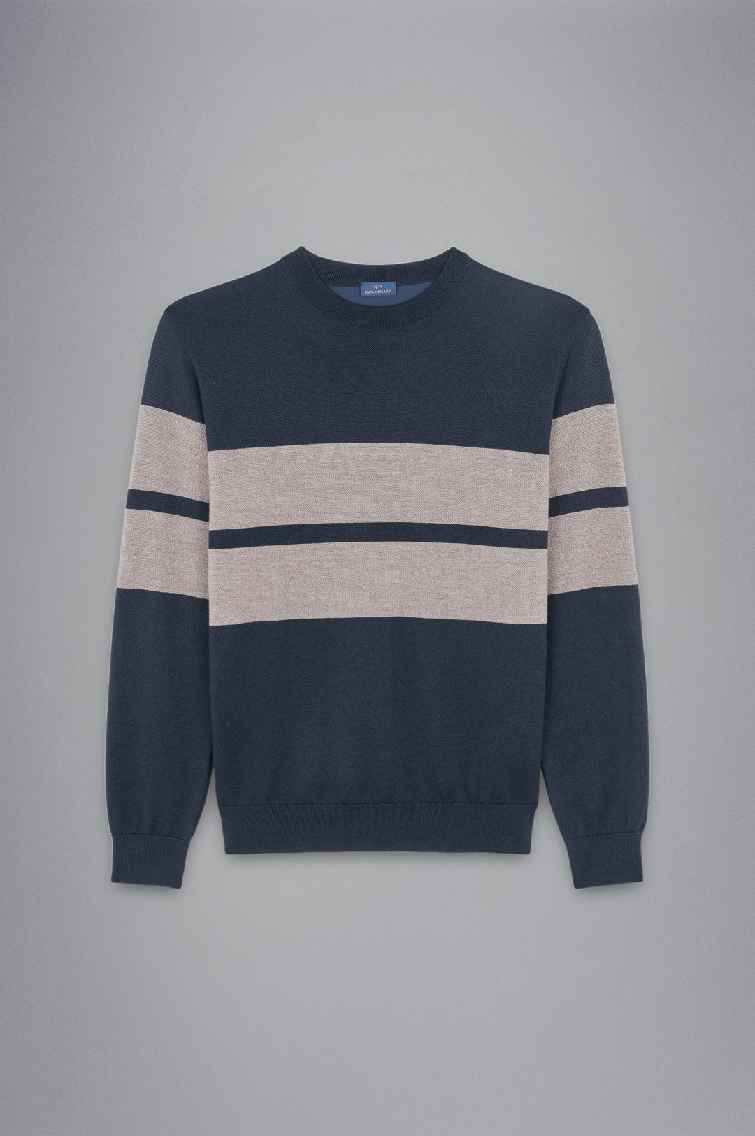 Paul & Shark Wool Crewneck Pullover with Save the Sea Fabric | Navy/Beige
