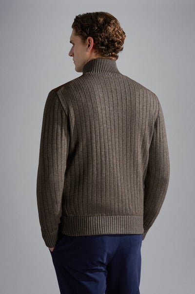 Paul & Shark Wool&Cashmere Cardigan with Leather and Shark Label | Brown