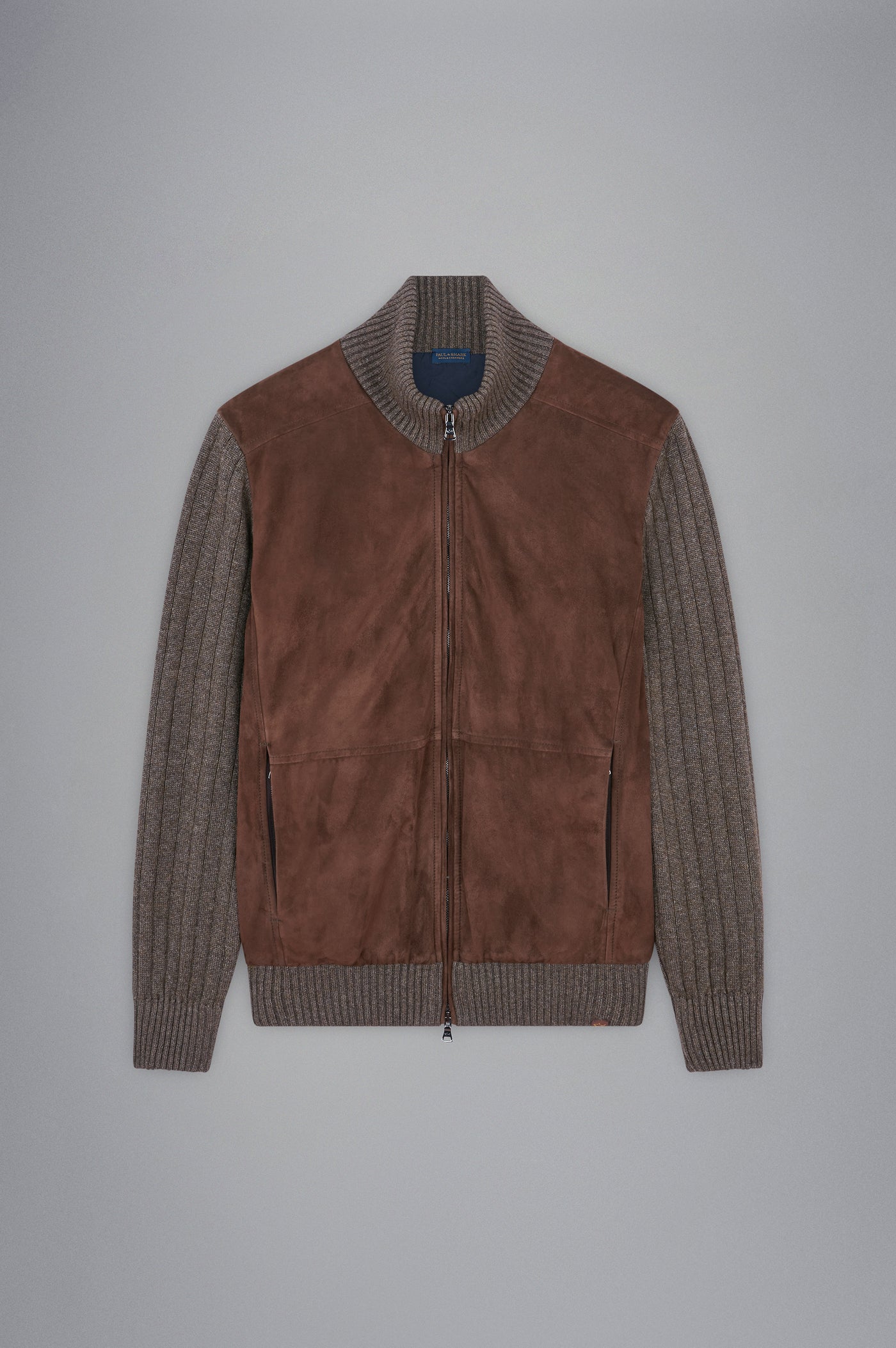 Paul & Shark Wool&Cashmere Cardigan with Leather and Shark Label | Brown