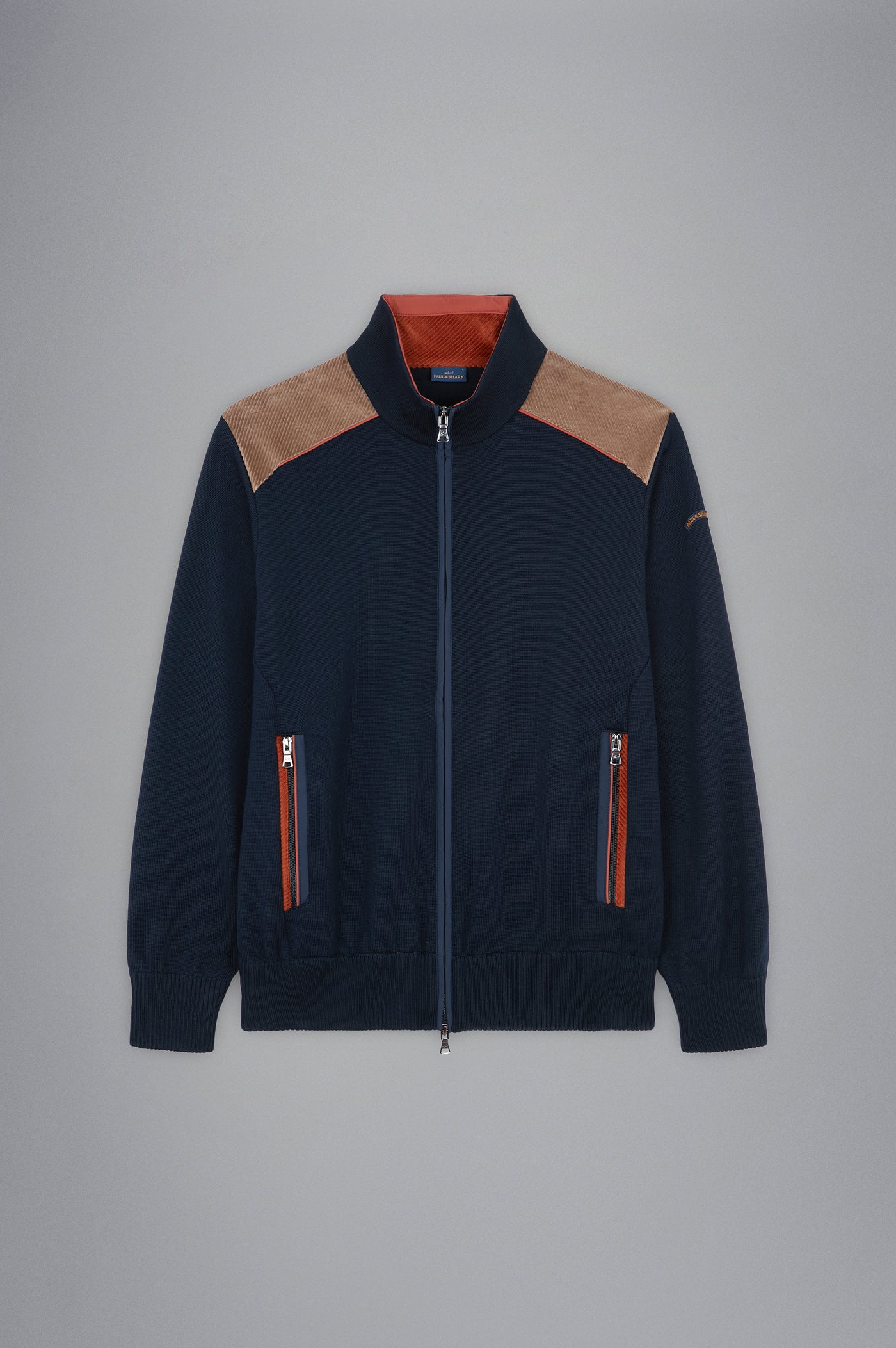 Paul & Shark Wool Cardigan with Corduroy Details and Moon Badge | Navy