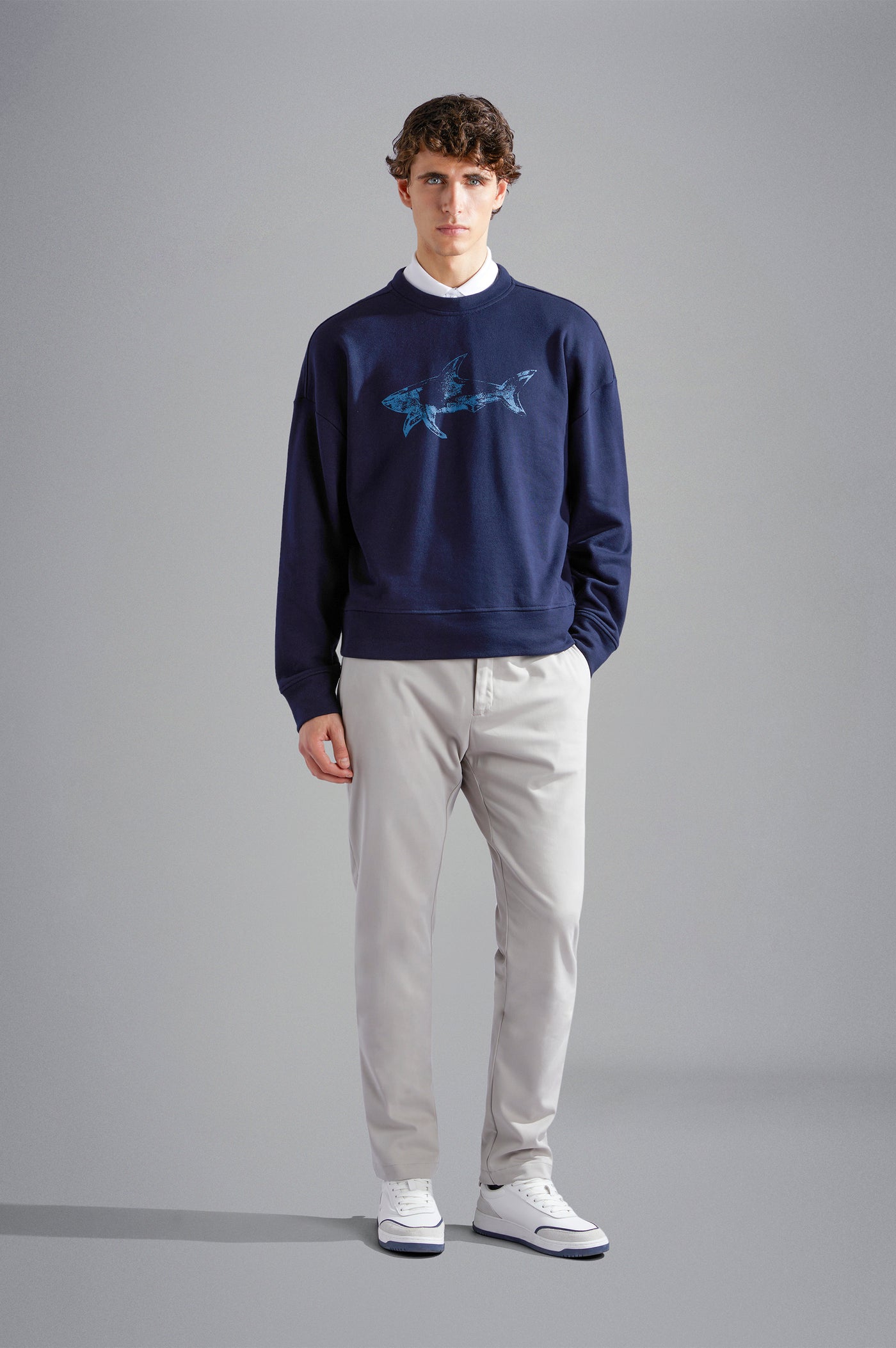 Paul & Shark Winter Fleece Cotton Sweatshirt with Printed Shark | Navy