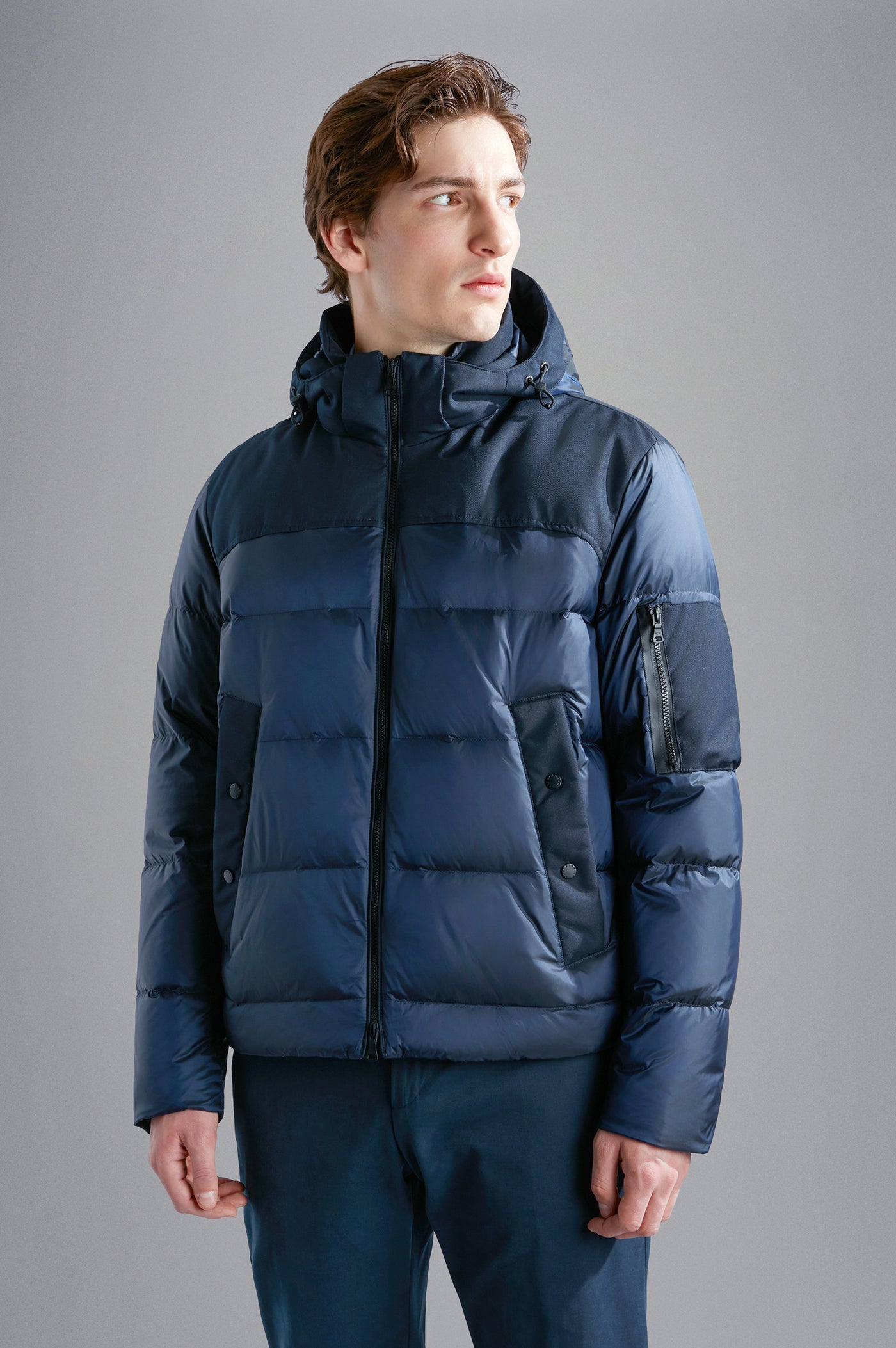 Paul & Shark Iridescent Re-Goose Down Jacket with Shark Fin | Navy