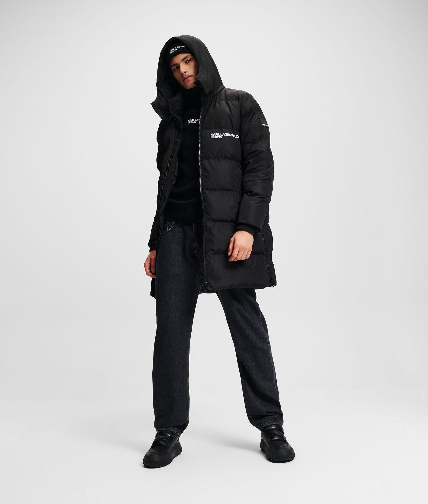 Karl Lagerfeld Hooded Long Line Puffer Coat | Black