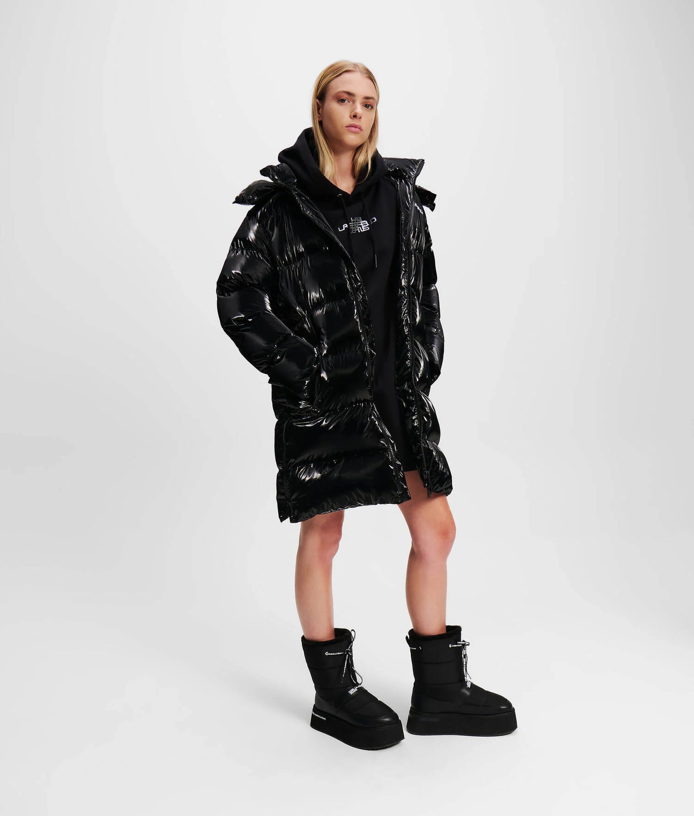 Karl Lagerfeld Long Belted Puffer Jacket | Black