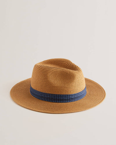 Ted Baker Hurcann Woven Fedora Hat With Printed Trim | Brown/Navy