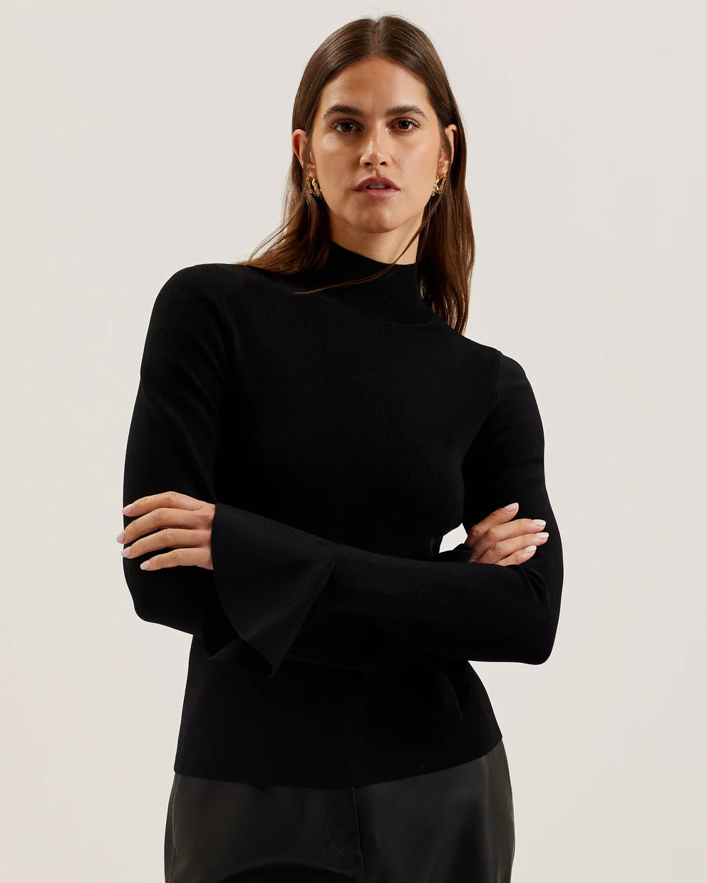 Ted Baker Laynha High Neck Knitted Frill Sleeve Top | Black