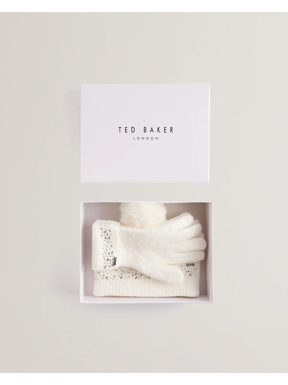 Ted Baker Rhinestone Knitted Hat And Gloves Set | Cream