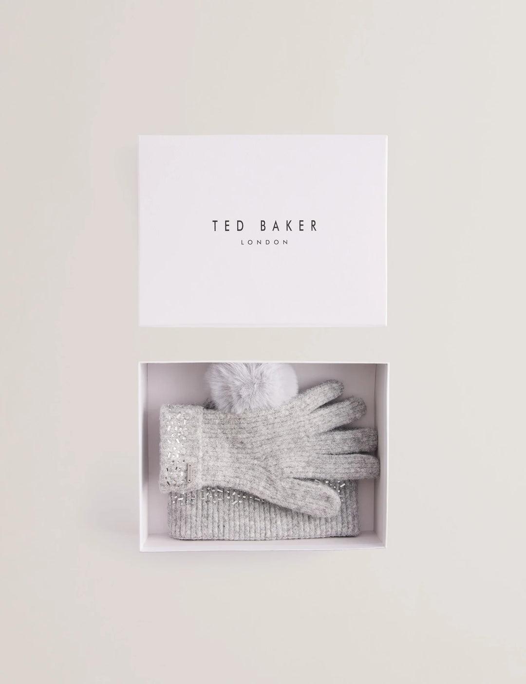 Ted Baker Rhinestone Knitted Hat And Gloves Set | Grey