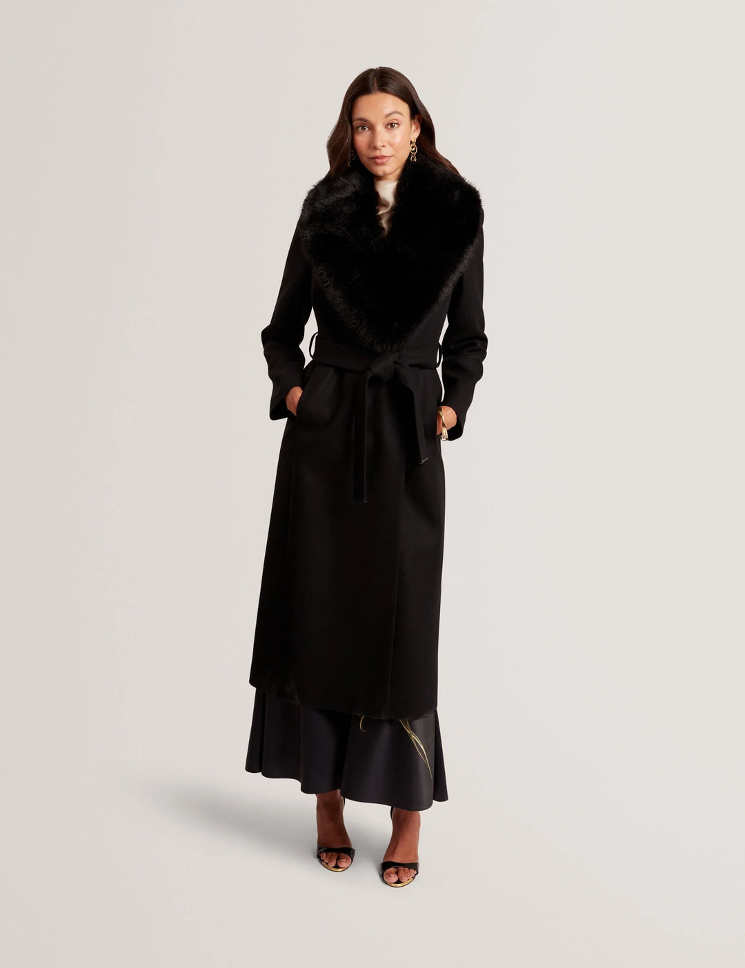Ted Baker Musea Faux Fur Belted Long Coat | Black