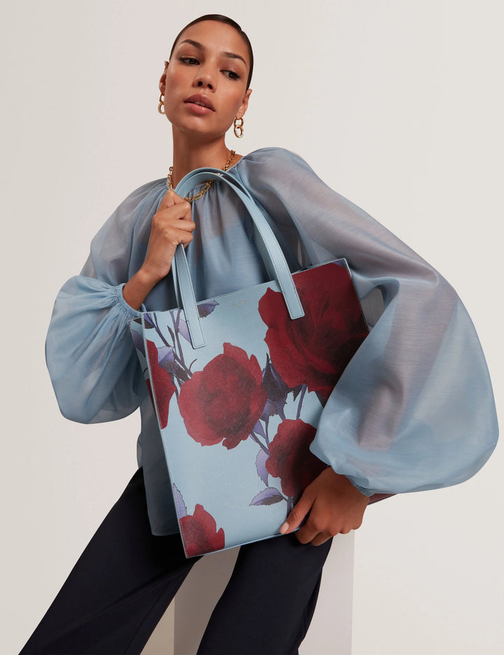 Ted Baker Rose Print PU Large Icon Tote Bag | Mid Blue