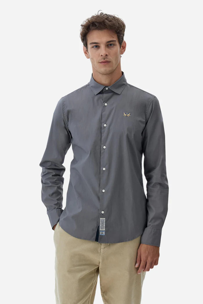 La Martina Slim Fit Cotton Shirt with Semi-Cutaway Collar | Grey