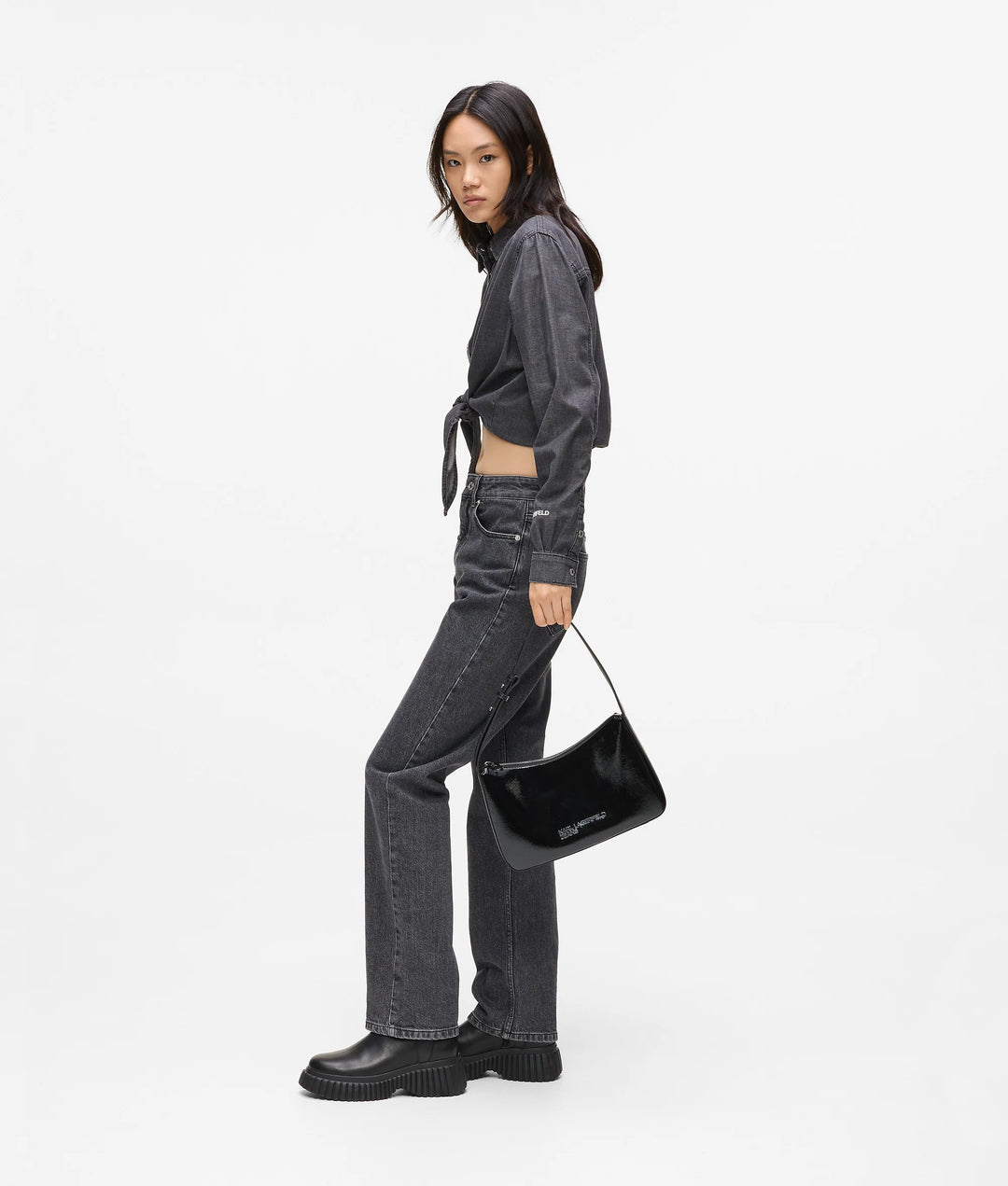 Karl Lagerfeld Logo Shiny Shoulder Bag | Black