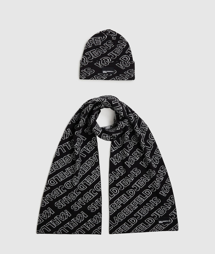 Karl Lagerfeld Long Scarf and Beanie Gift Set | Black