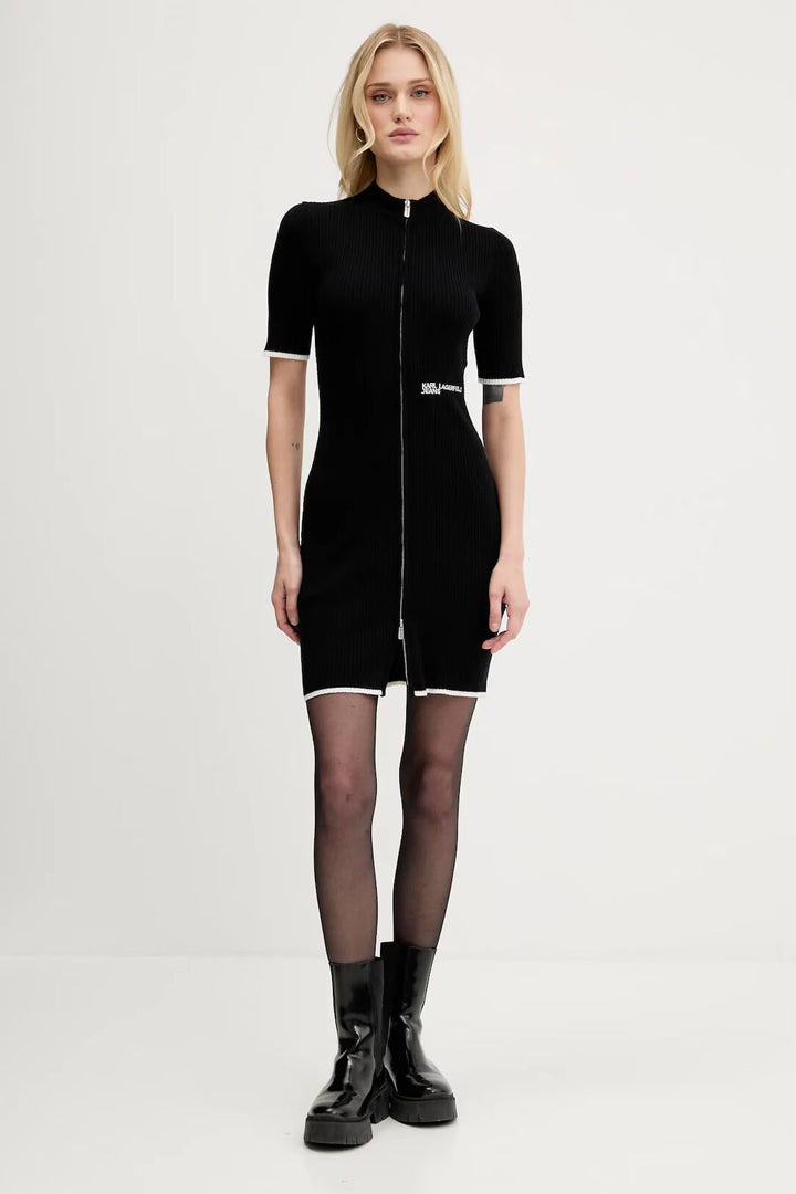 Karl Lagerfeld Short Sleeve Zip Knit Dress | Black
