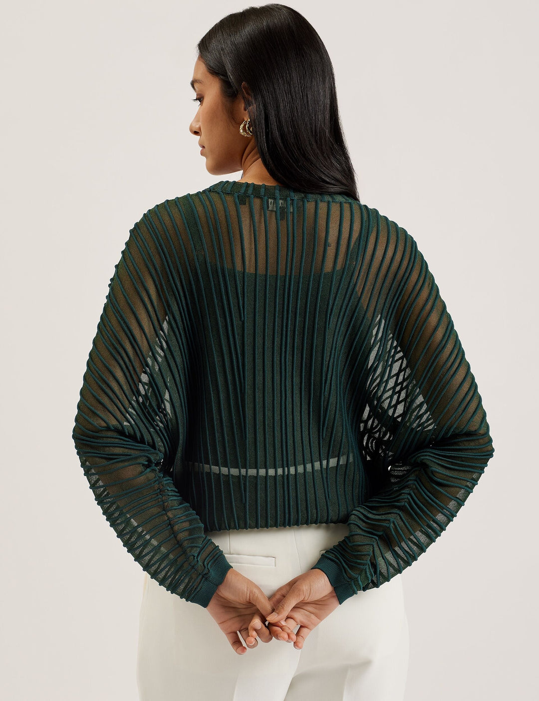 Ted Baker Nellay Sheer Textured Stripe Barrel Sleeve Jumper | Dark Green