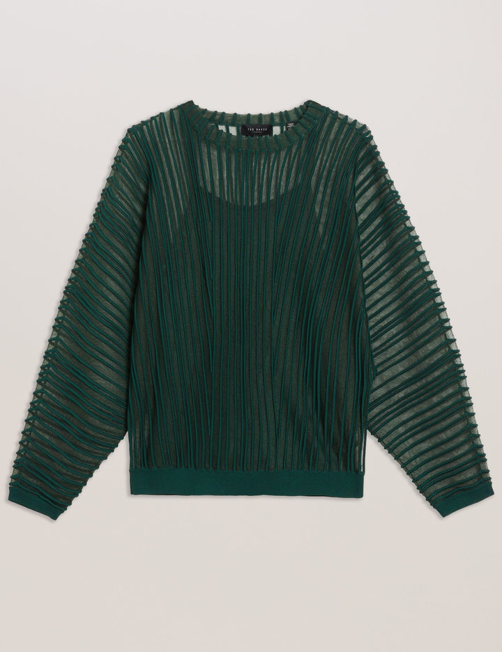 Ted Baker Nellay Sheer Textured Stripe Barrel Sleeve Jumper | Dark Green