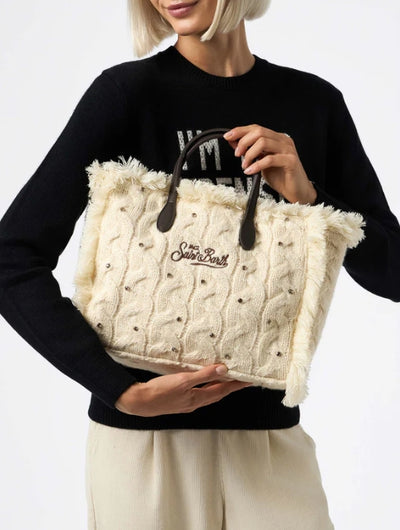 MC2 Saint Barth Cable Knit Colette Handbag with Rhinestones Embellishment | Ecru