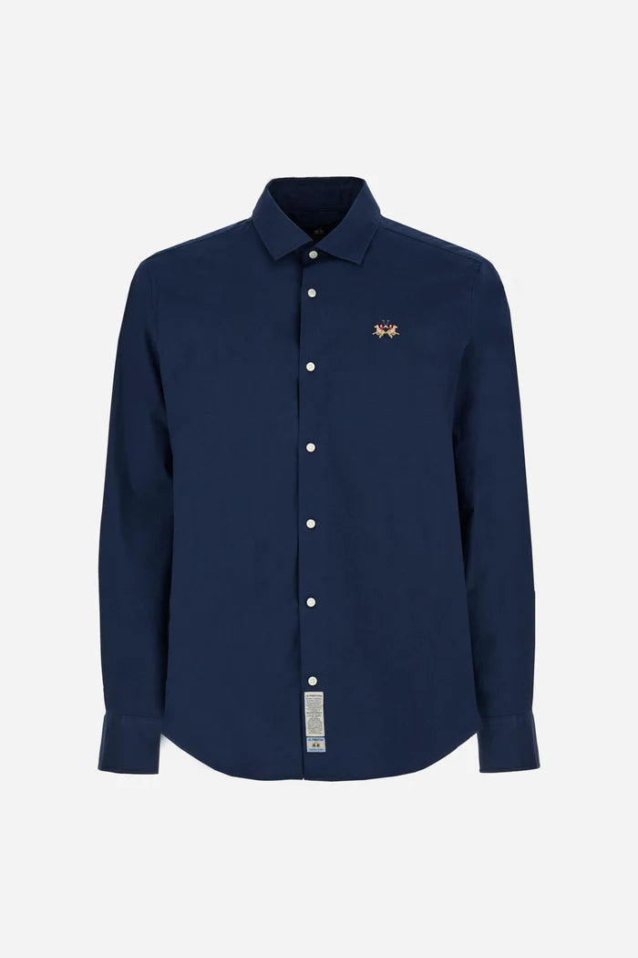 La Martina Slim Fit Cotton Shirt with Semi-Cutaway Collar | Navy