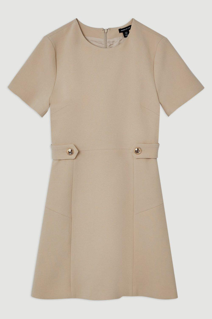 Karen Millen Compact Stretch Essential Waist Tab Detail Tailored Mini Dress | Beige