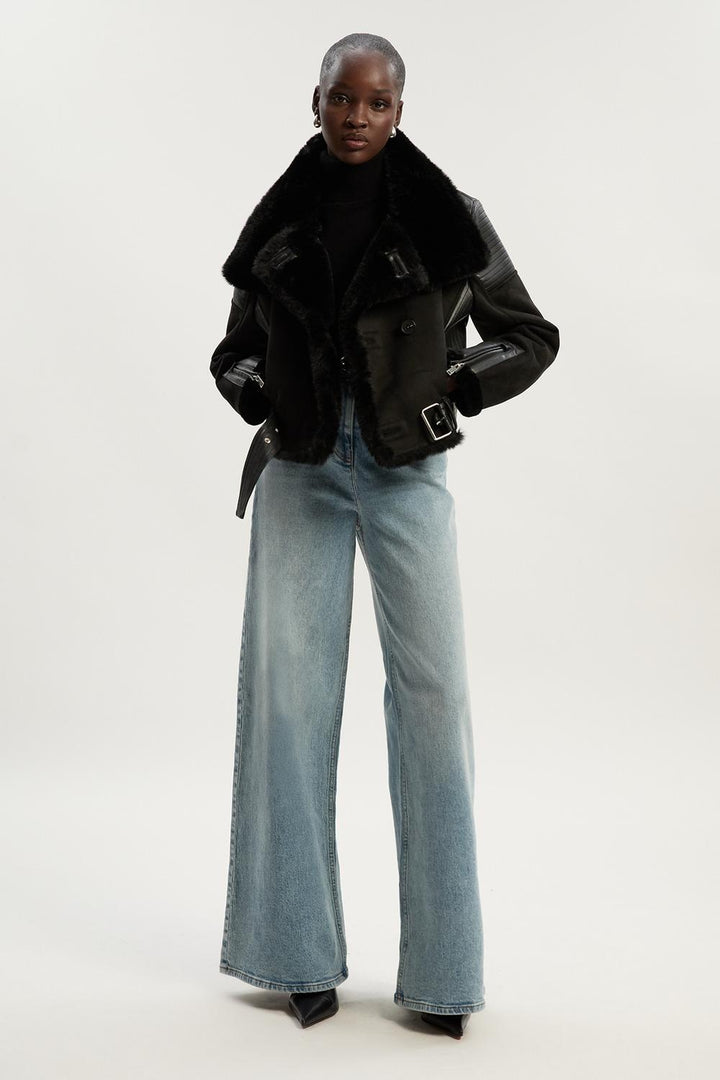 Karen Millen Faux Shearling Crop Biker Coat | Black