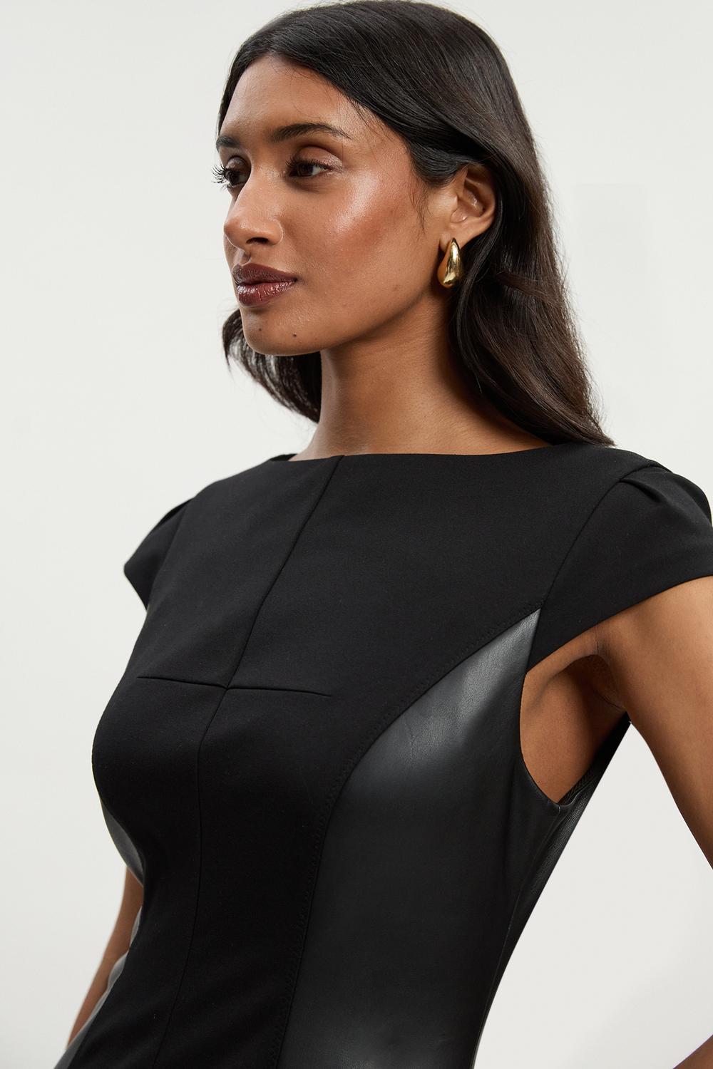 Karen Millen Ponte And Pu Mix Short Sleeve Tailored Pencil Midi Dress | Black