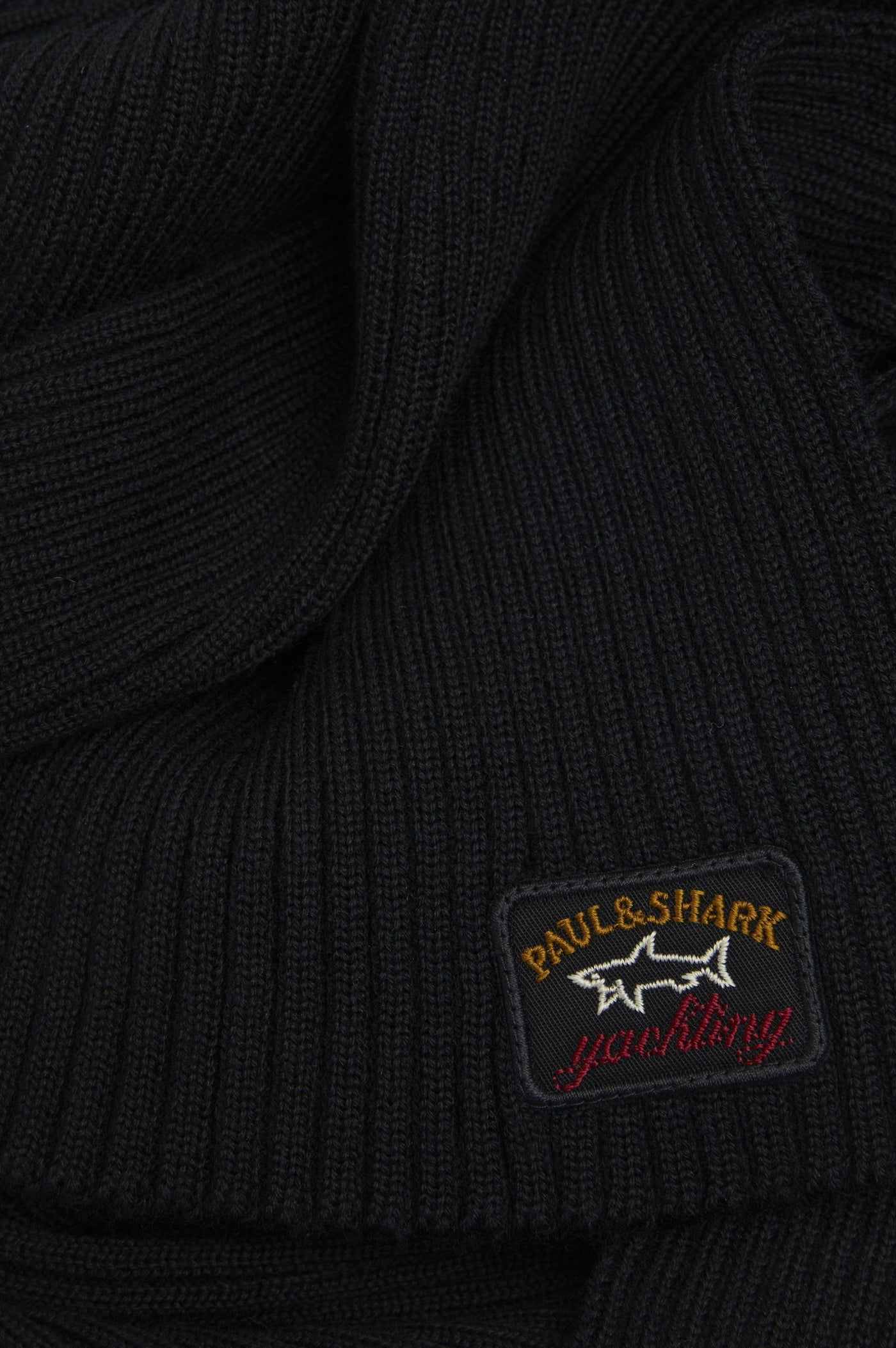 Paul & Shark Ribbed Wool Scarf with Iconic Badge | Black
