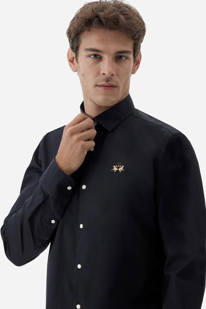 La Martina Slim Fit Cotton Shirt with Semi-Cutaway Collar | Black