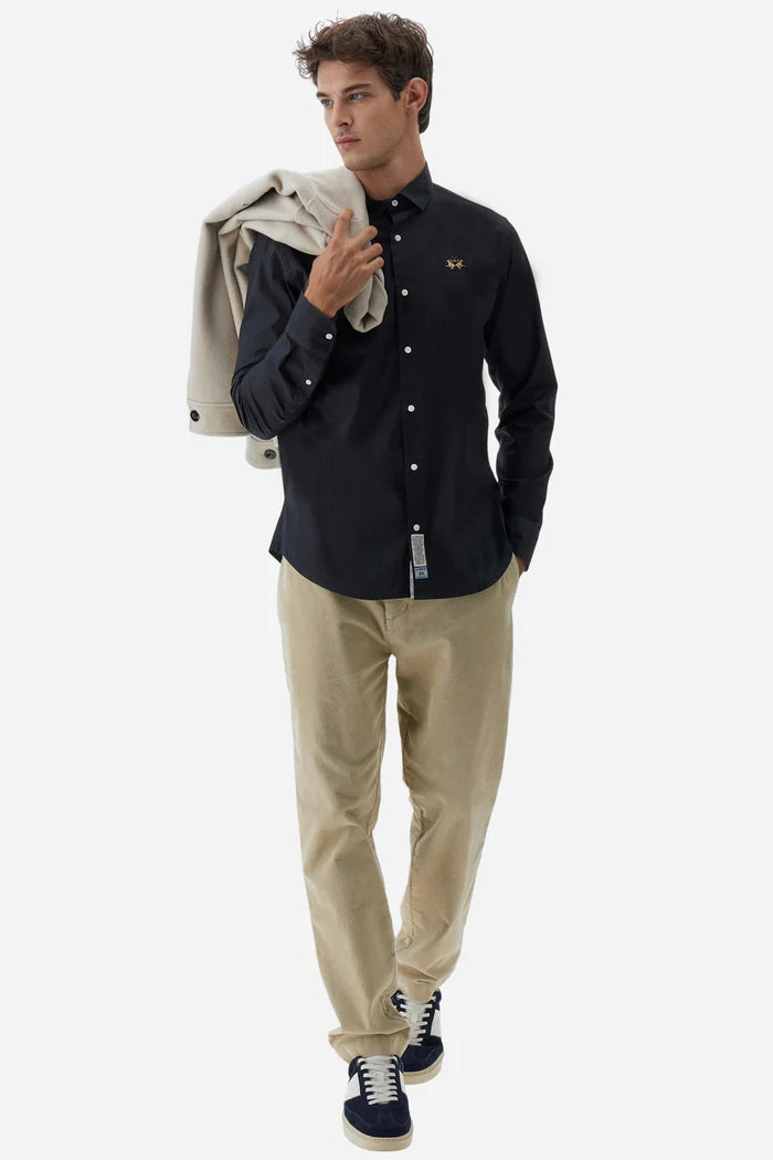 La Martina Slim Fit Cotton Shirt with Semi-Cutaway Collar | Black