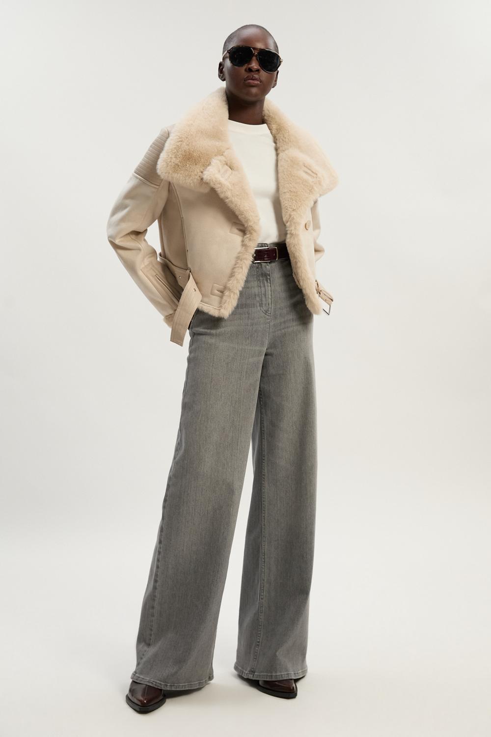 Karen Millen Faux Shearling Crop Biker Coat | Ivory