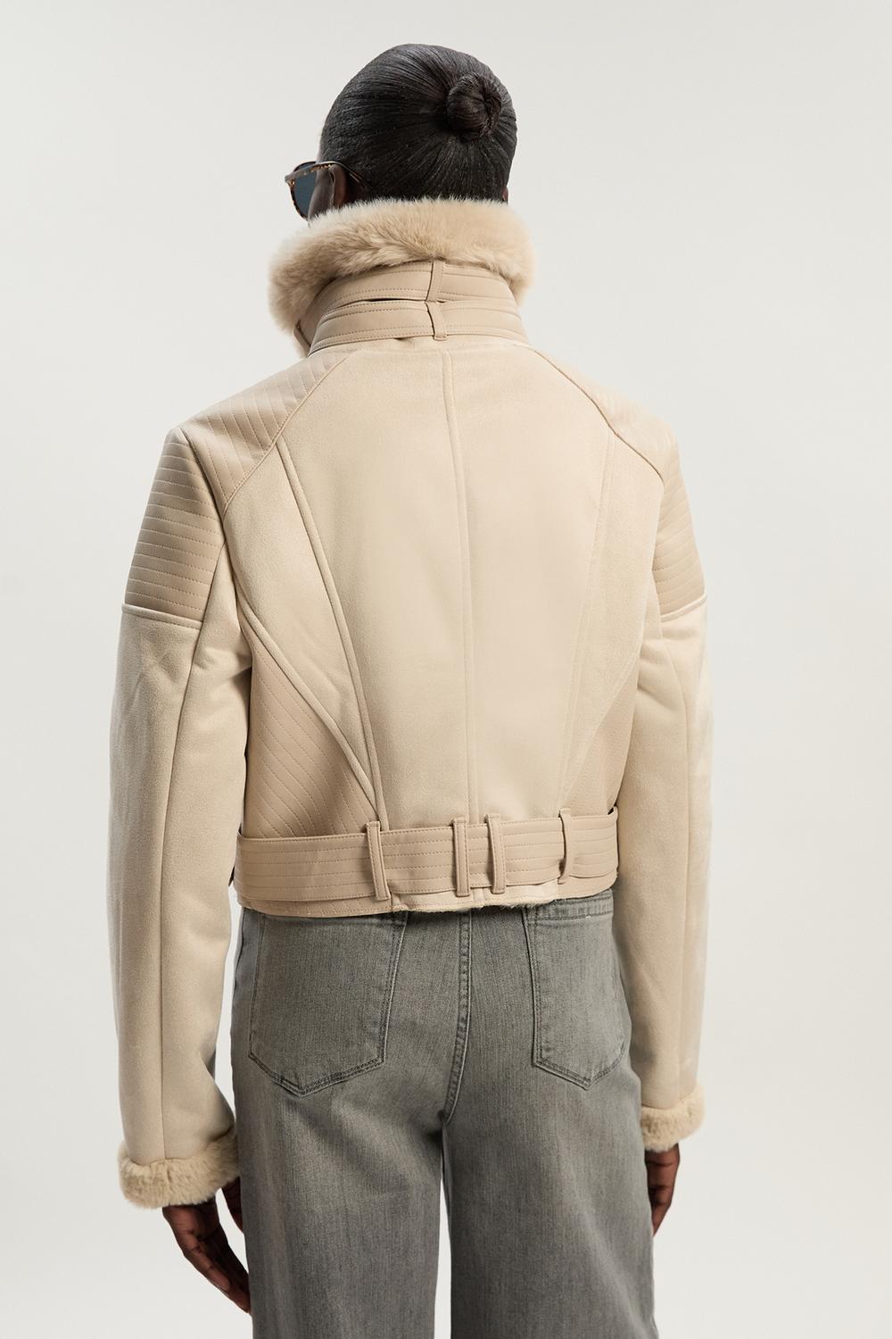 Karen Millen Faux Shearling Crop Biker Coat | Ivory