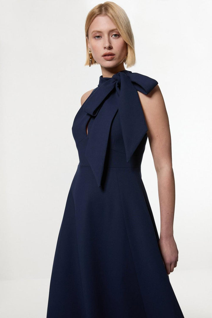 Karen Millen Compact Stretch Bow Tie Neck Full Skirted Midi Dress | Navy