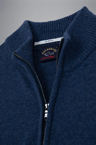 Paul & Shark Re-Wool Half Zip Shetland Sweater with Badge | Blue