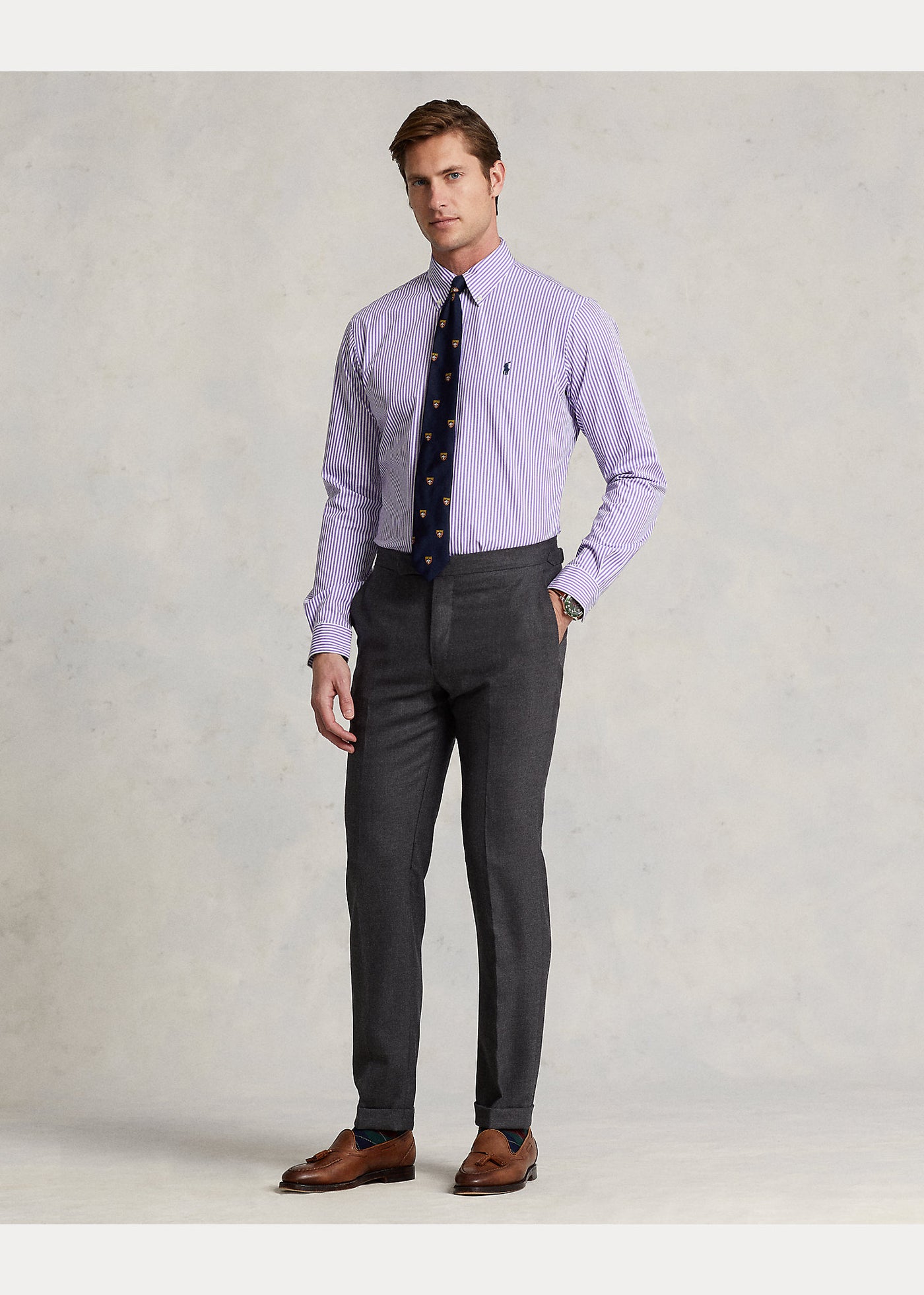 Ralph Lauren Custom Fit Striped Stretch Poplin Shirt | Lavender/White
