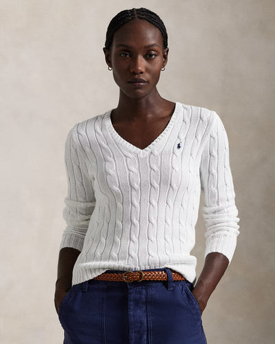 Ralph Lauren Cable-Knit Cotton V-Neck Jumper | White