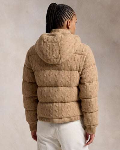 Ralph Lauren Cable-Knit Hooded Down Coat | Camel Melange