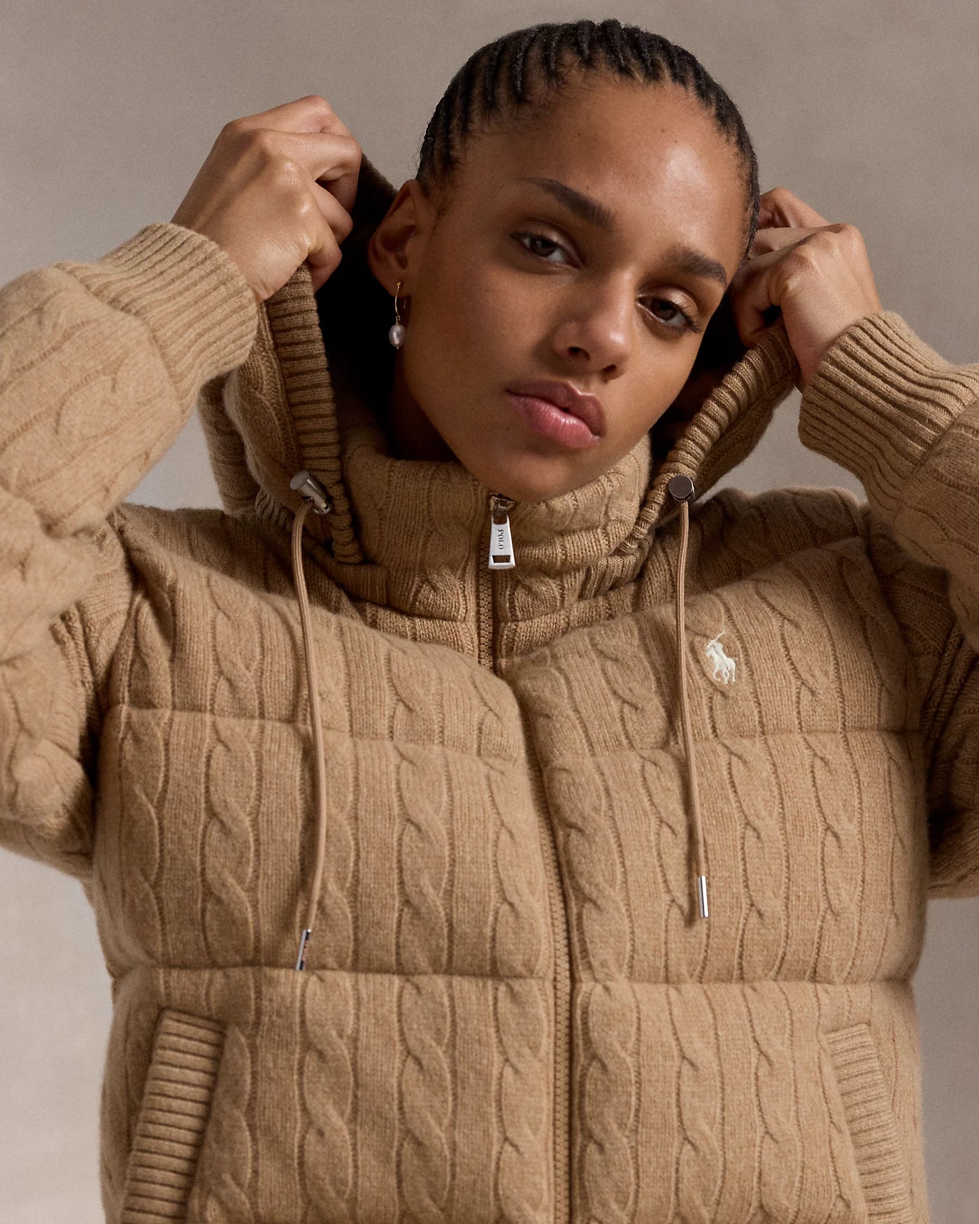 Ralph Lauren Cable-Knit Hooded Down Coat | Camel Melange