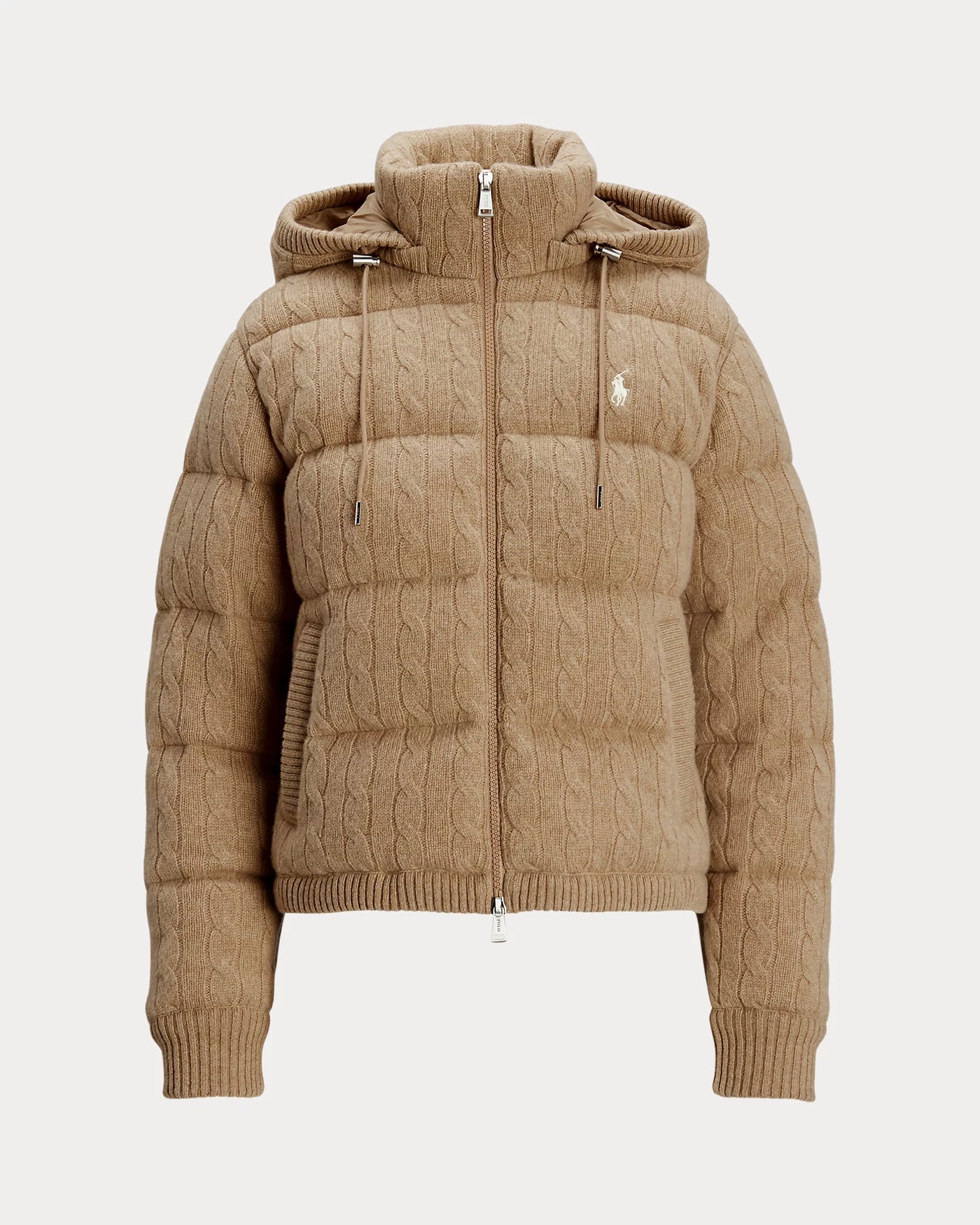 Ralph Lauren Cable-Knit Hooded Down Coat | Camel Melange