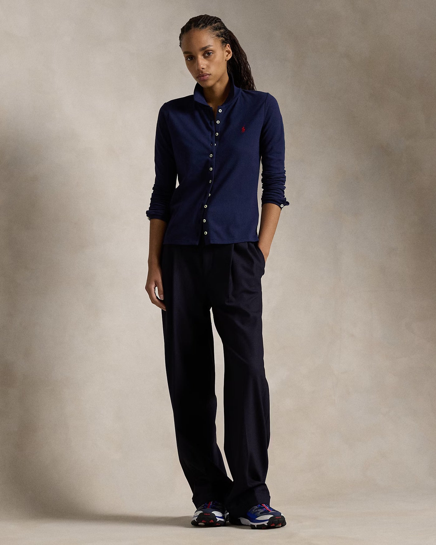 Ralph Lauren Buttoned-Placket Long-Sleeve Polo Cardigan | Newport Navy