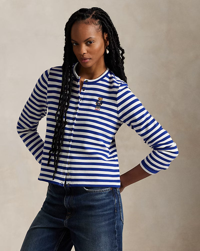 Ralph Lauren Polo Bear Striped French Terry Cardigan | Royal/White