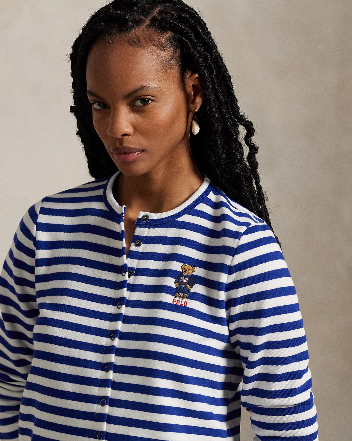 Ralph Lauren Polo Bear Striped French Terry Cardigan | Royal/White