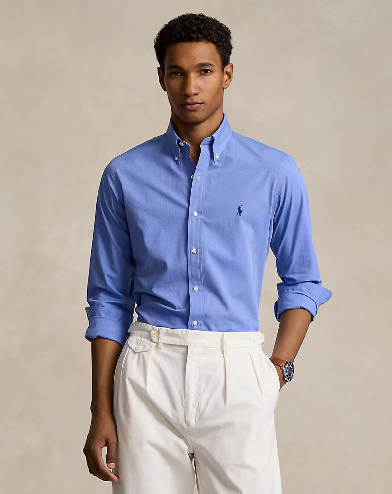 Ralph Lauren Custom Fit Stretch Poplin Shirt | Blue End on End