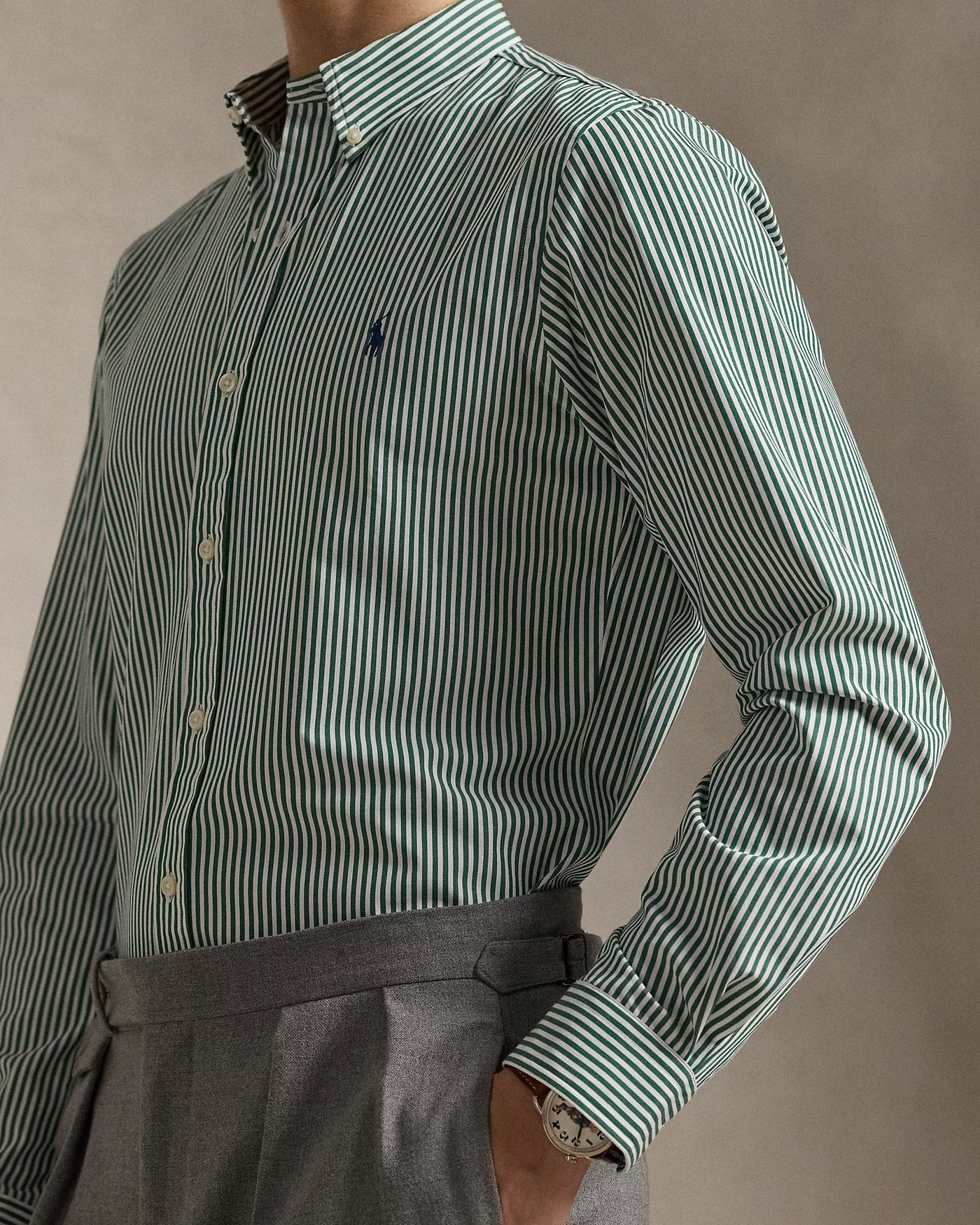 Ralph Lauren Custom Fit Striped Stretch Poplin Shirt | Pine/White